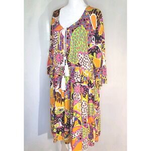 Park Moda Made In Italy Boho Babydoll Bell Sleeve Tiered Cotton Mini Dress XL